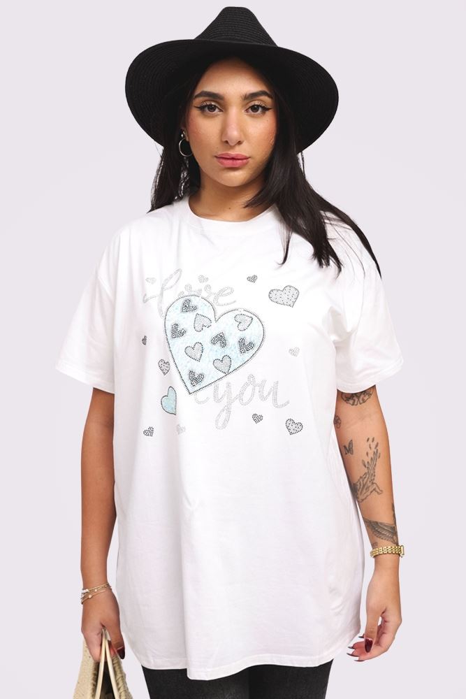 Sequin Diamante Love Heart Pattern Cotton Top