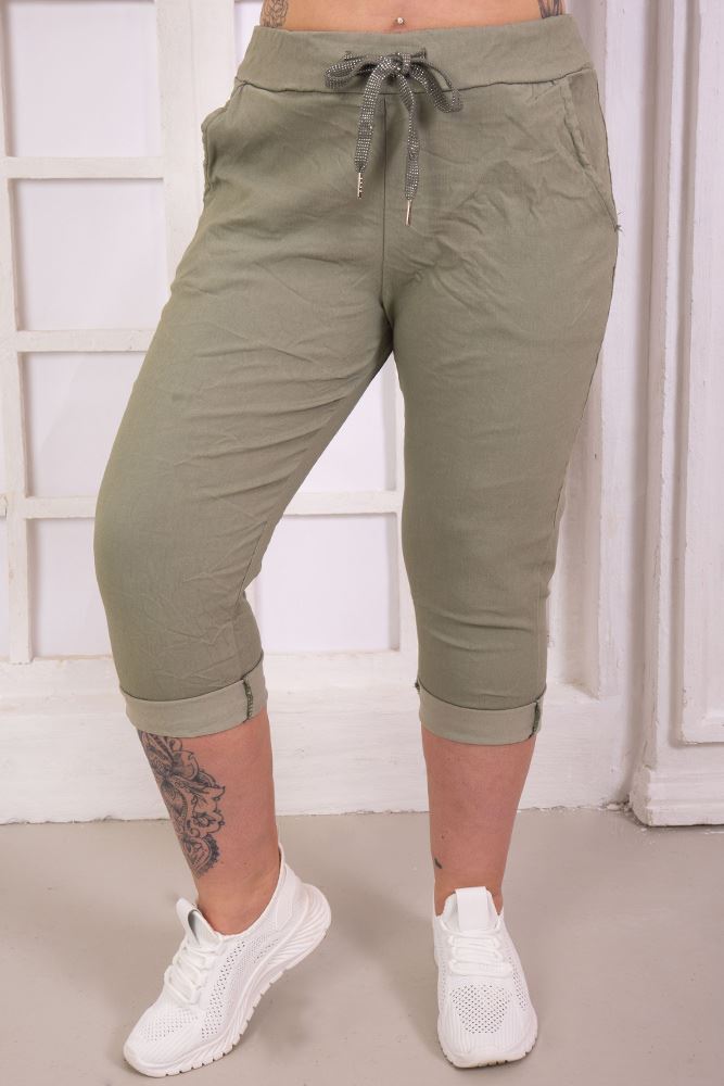 Italian Stretchy Plain 3/4 Drawstring Pocket Trousers