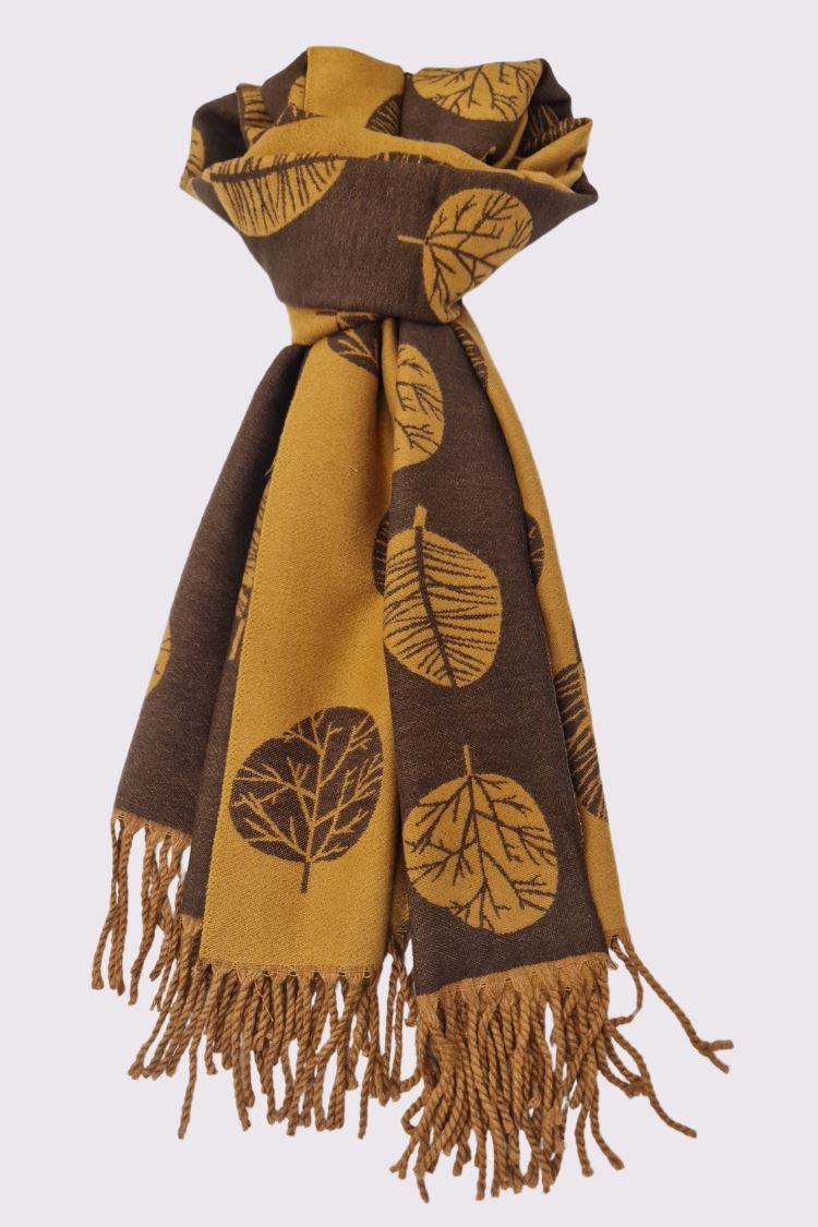 Two Tone Leaves Print Tassel Scarves