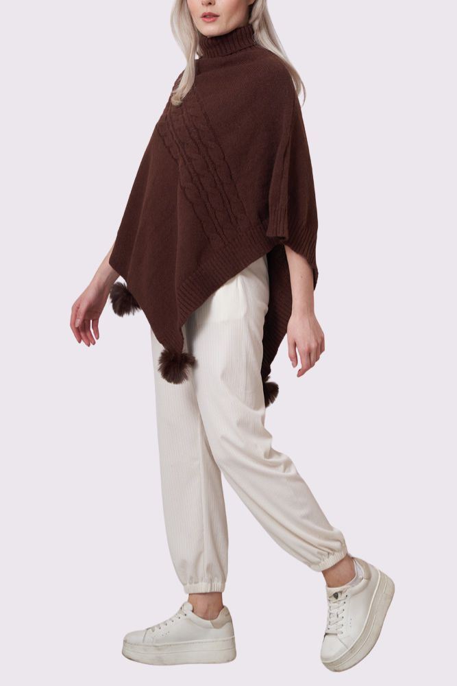 Cable Knit Strip Pom-Pom Poncho