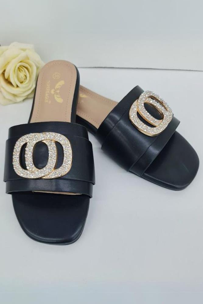 Leather Rhinestone Buckle Flat Slider