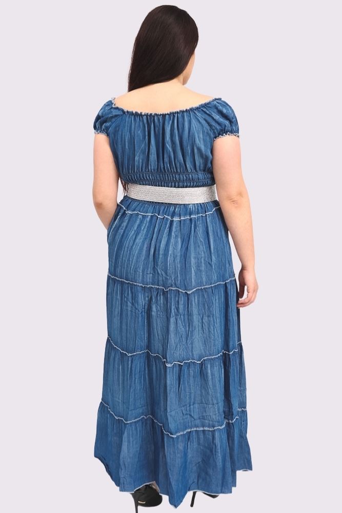 Plain Shirred Waist Tiered Denim Cotton Dress