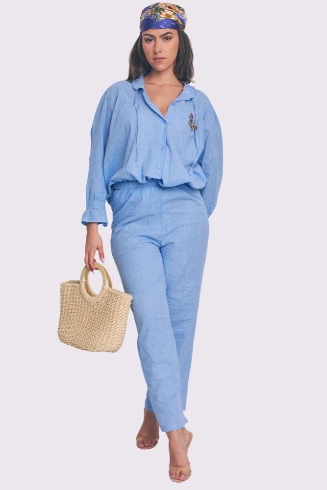 Plain Collar Button Up Cotton Co-Ord Set