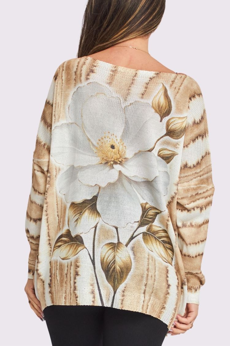 Gardenia Flower Print Knit Style Oversized Top