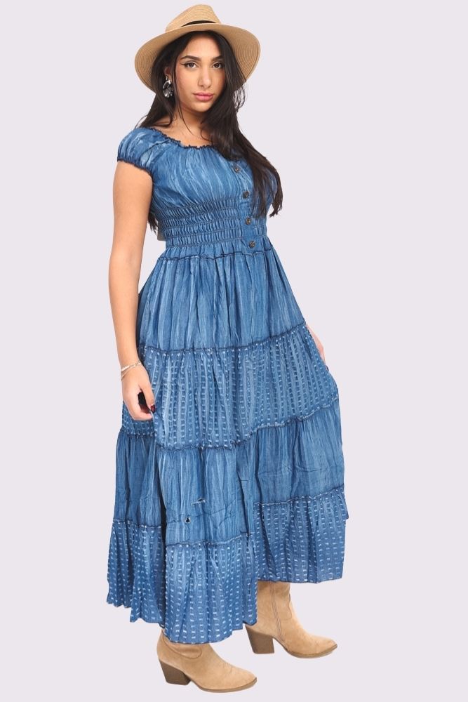 Plain Shirred Waist Tiered Denim Cotton Dress