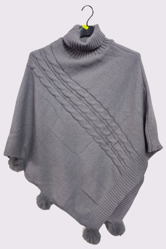 Cable Knit Strip Pom-Pom Poncho