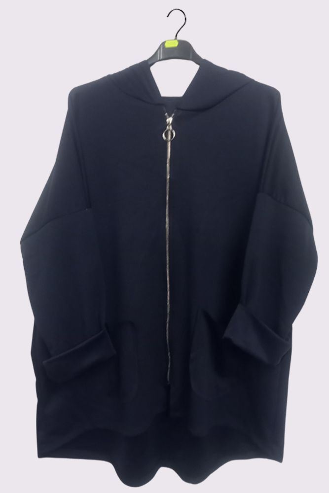 Oversized Zip Closure Dip Hem Hooded Jacket