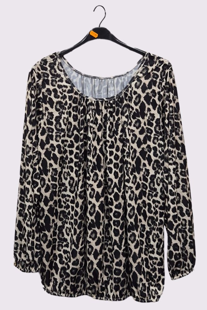 Leopard Print Pleated Elastic Hem Top