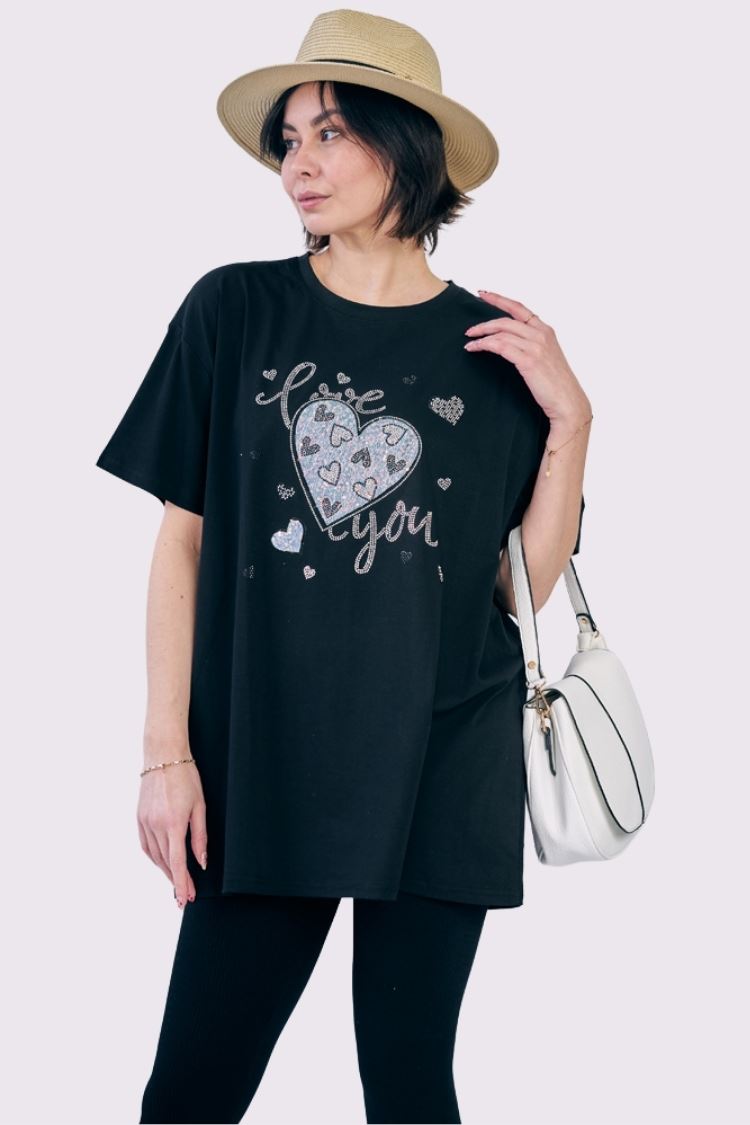 Sequin Diamante Love Heart Pattern Cotton Top