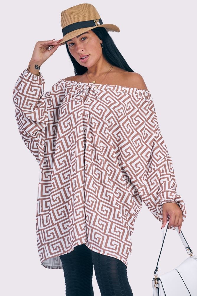 Greek Key Print Oversized Drawstring Neckline Top