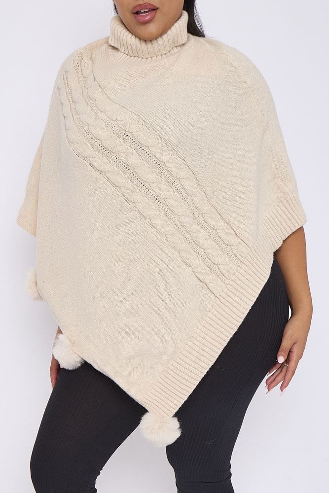 Cable Knit Strip Pom-Pom Poncho