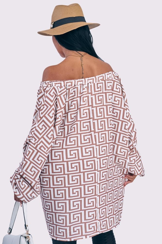 Greek Key Print Oversized Drawstring Neckline Top