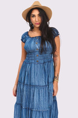 Plain Shirred Waist Tiered Denim Cotton Dress