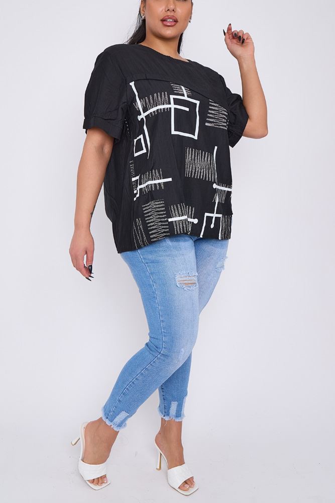 Abstract Block Print Side Button Detail Cotton Top