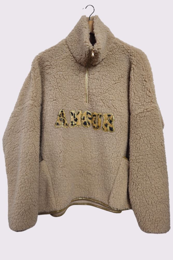 Amour Letter Gold Trim Leopard Faux Sherpa Pockets Top