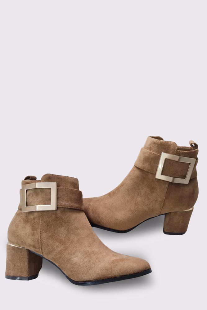 Suede Side Buckle Block Heel Ankle Boot