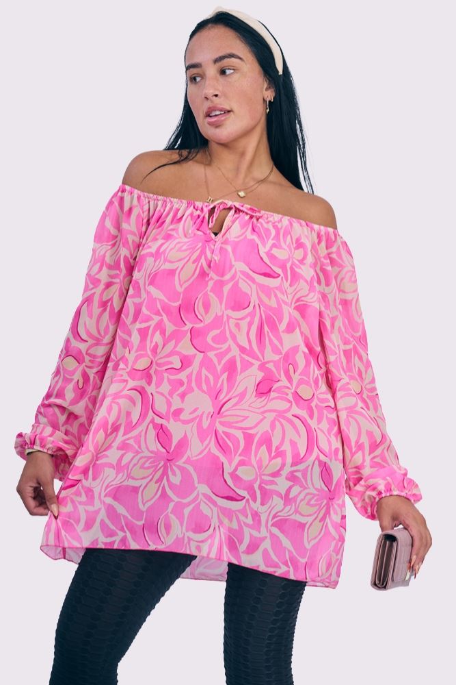 Flower Print Drawstring Neck Tunic Top