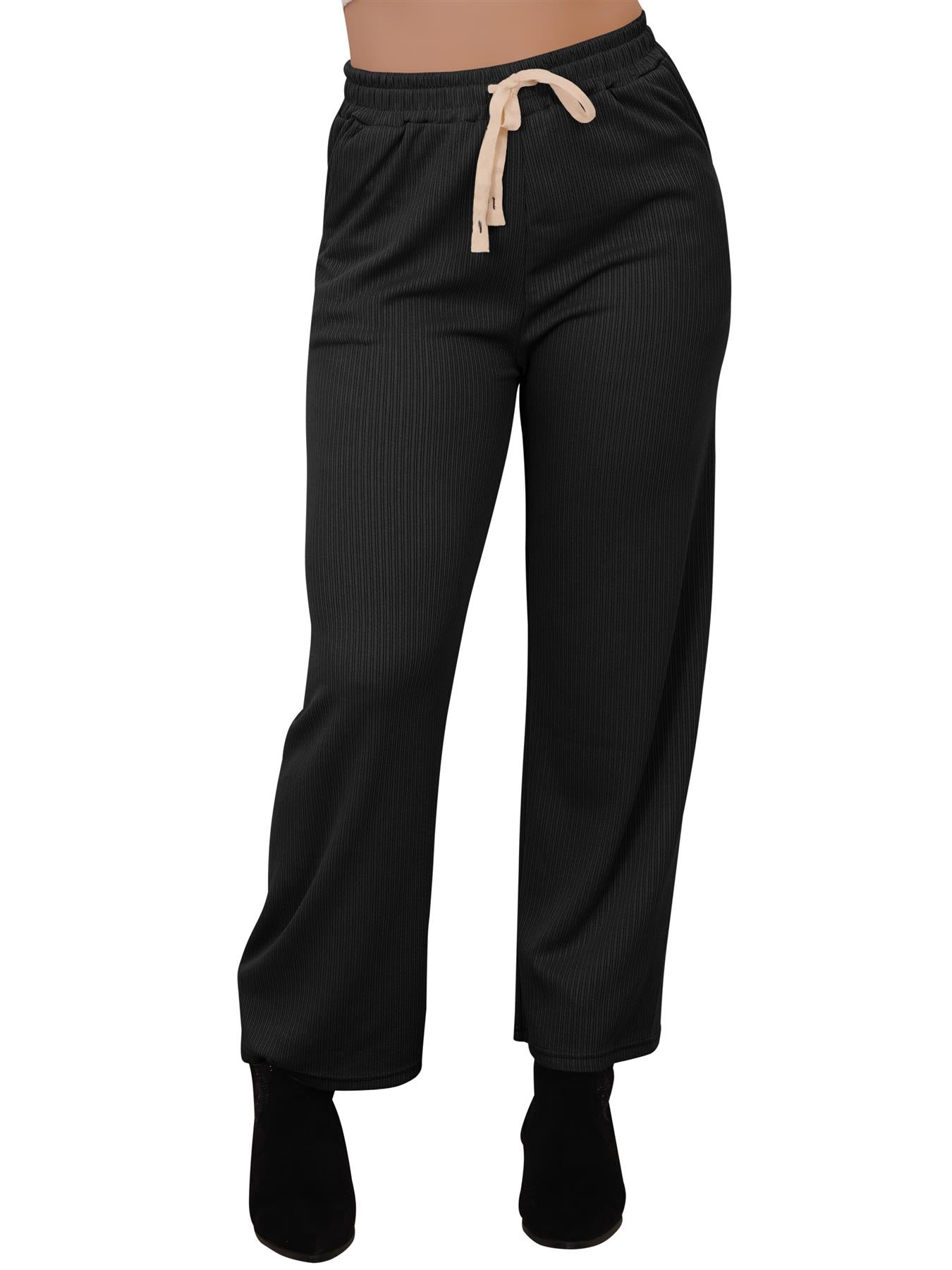 Plain Ribbed Wide Leg Drawstring Trousers