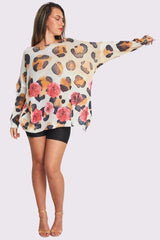 Leopard Splash Rose Print Knit Style Oversized Top