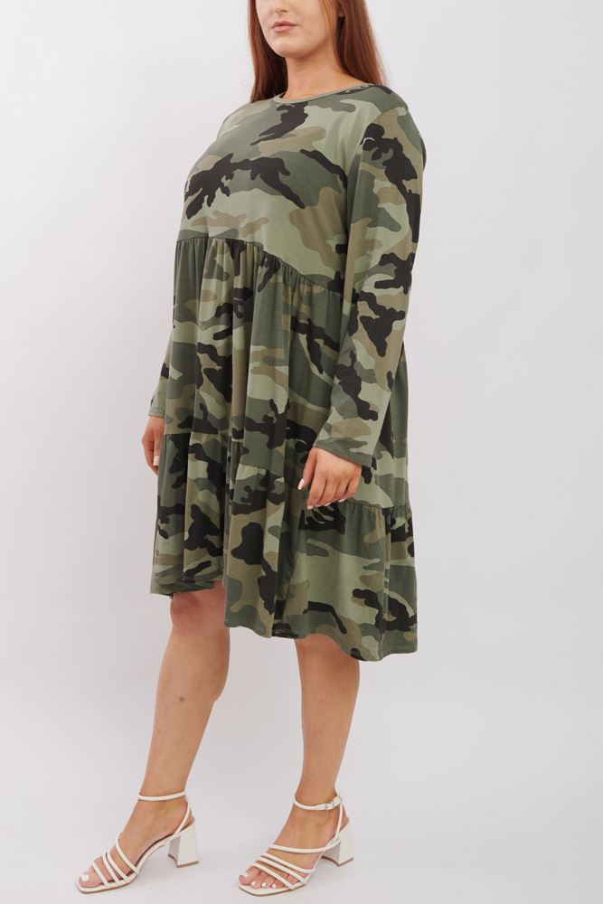 Camouflage Print Ruffle Hem Cotton Top