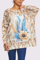 Feather Flower Print Knit Style Oversized Top