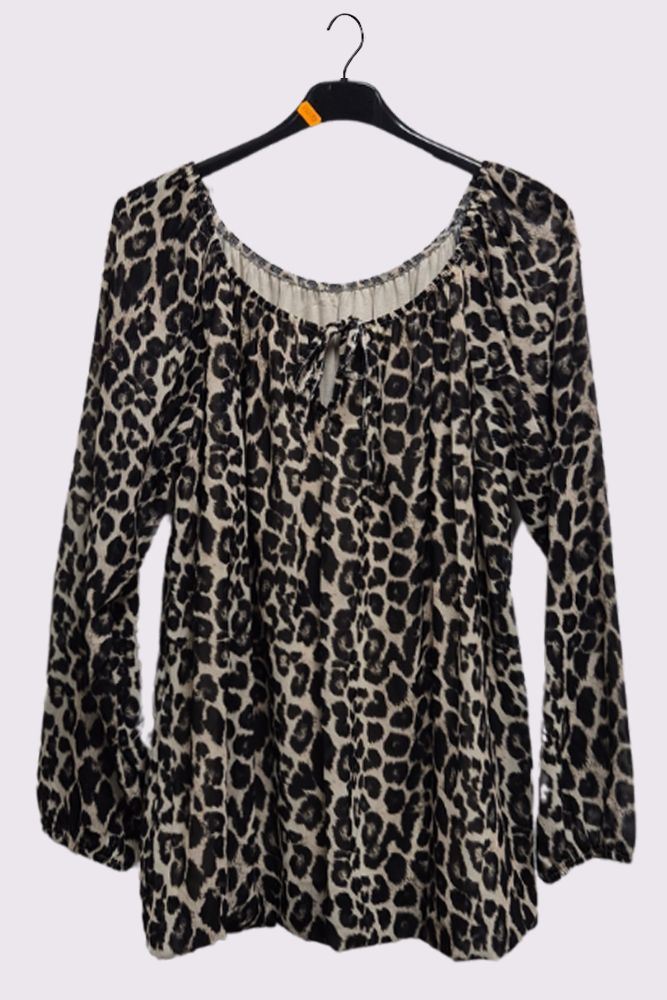 Leopard Print Oversized Drawstring Neckline Top