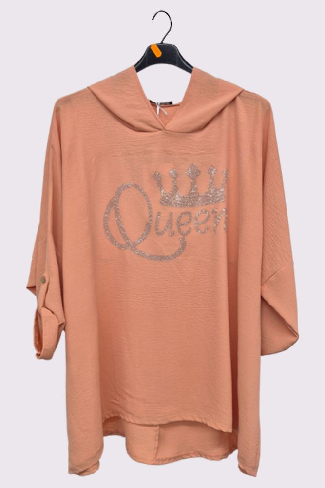 Diamante Queen Print Oversized Diphem Hooded Top