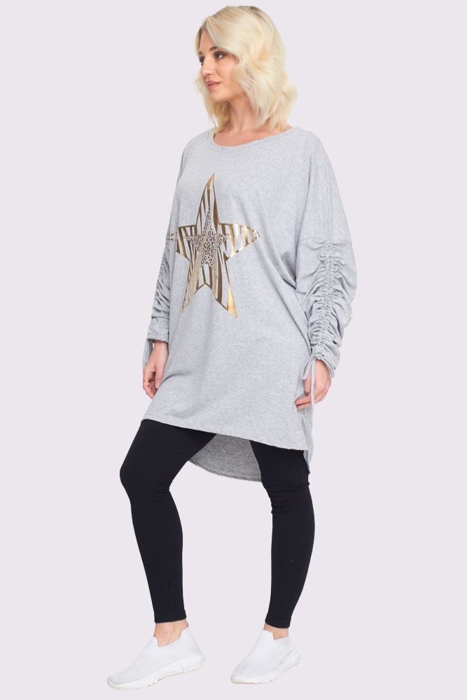 Foil Star Pattern Ruched Sleeve DipHem Oversized Cotton Top