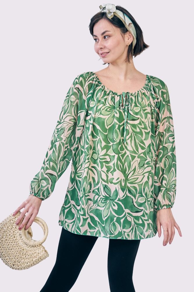 Flower Print Drawstring Neck Tunic Top