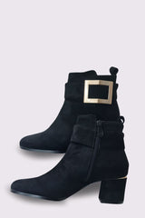 Suede Side Buckle Block Heel Ankle Boot