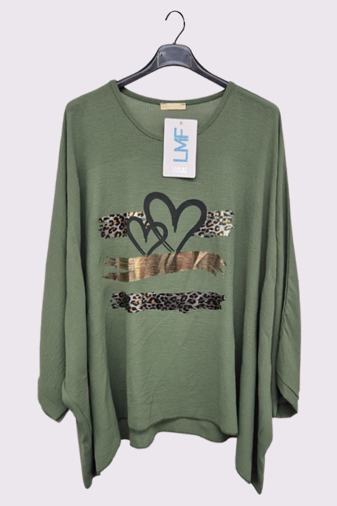 Foil Leopard Heart Print Oversized Top