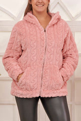 Cable Knit Pattern Faux Fur Zip Hoodie