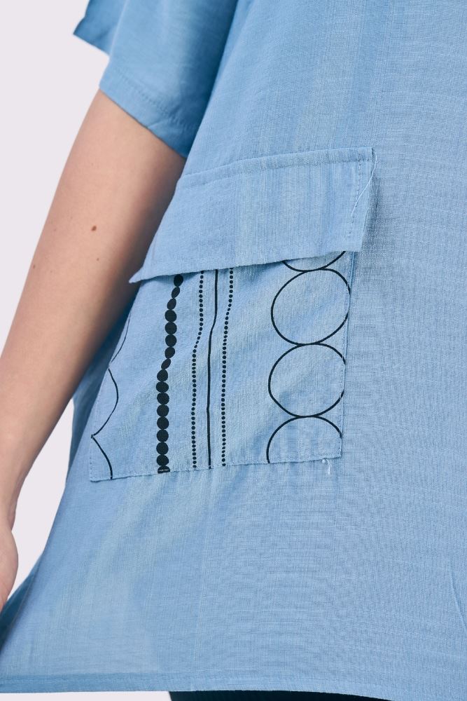 Circle Stripe Print Side Button Detail Pockets Cotton Top