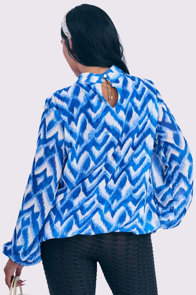 Abstract Print Balloon Sleeve Pleated Top