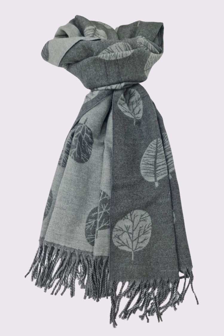 Two Tone Leaves Print Tassel Scarves