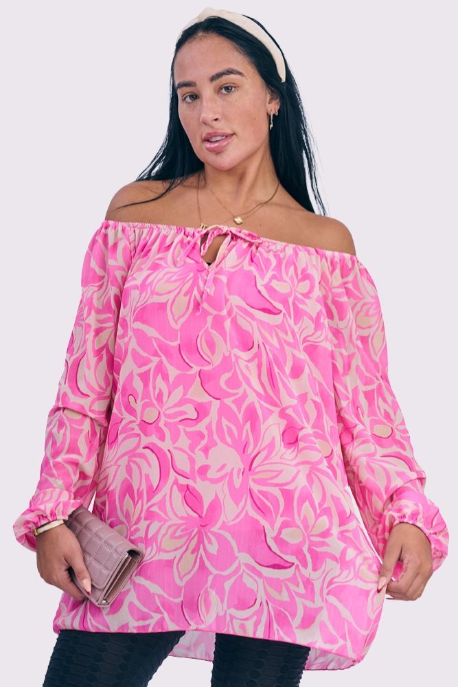 Flower Print Drawstring Neck Tunic Top