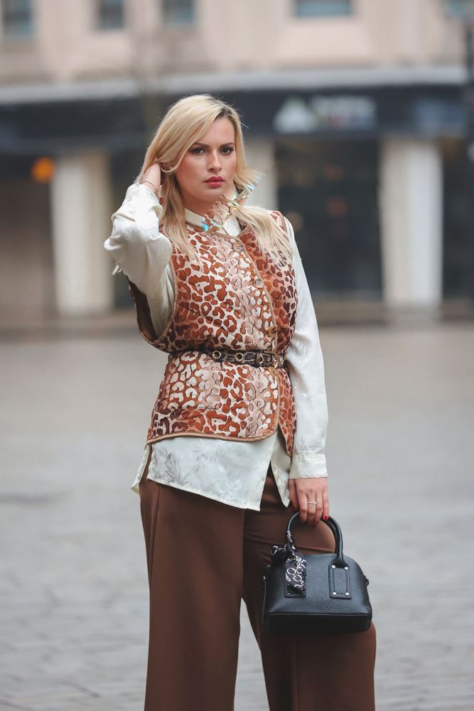 Leopard Print Quilted Button Up Pocktes Cotton Gilet