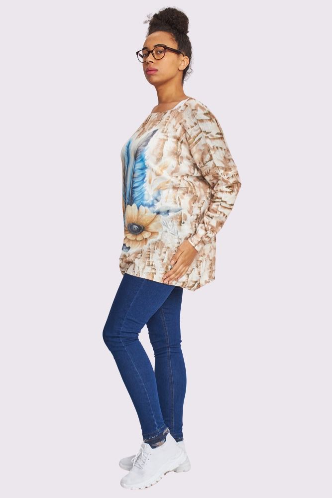 Feather Flower Print Knit Style Oversized Top