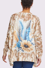 Feather Flower Print Knit Style Oversized Top