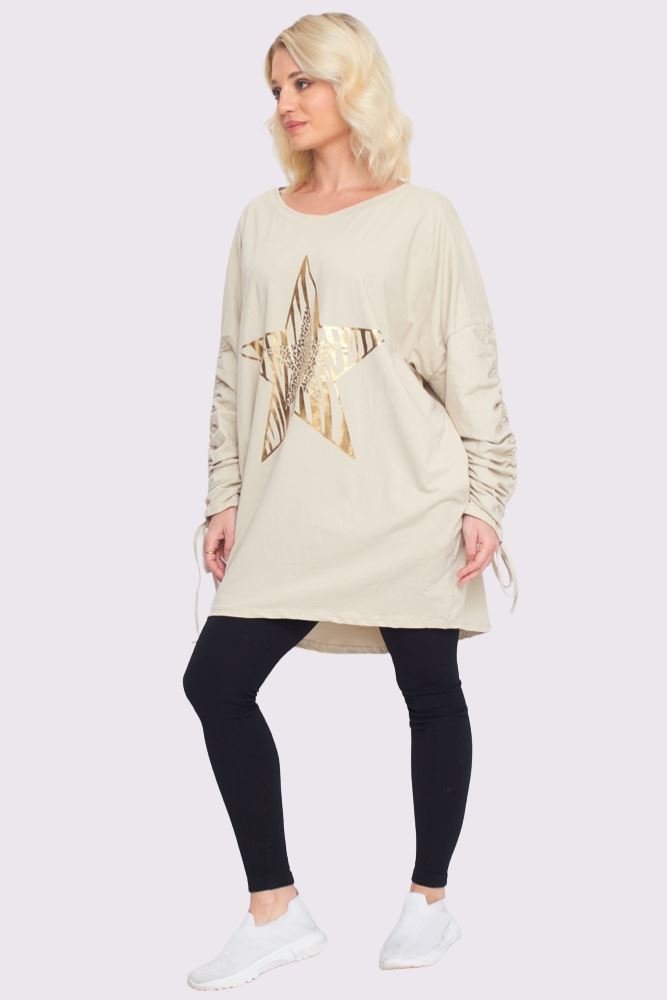 Foil Star Pattern Ruched Sleeve DipHem Oversized Cotton Top