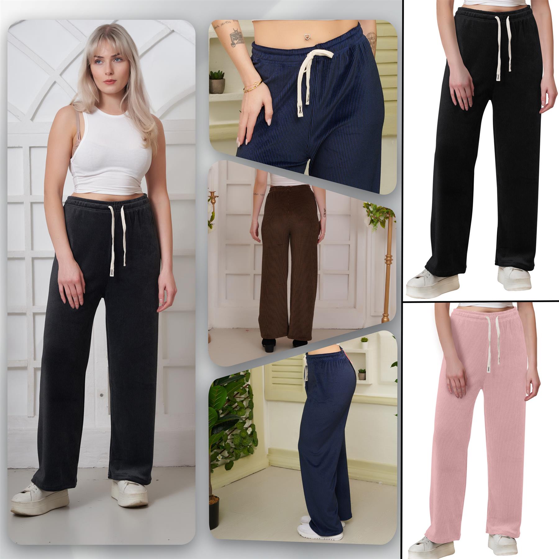 Plain Ribbed Wide Leg Trousers