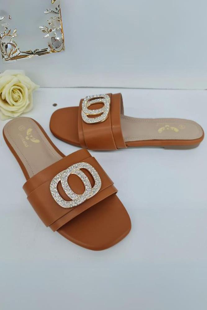 Leather Rhinestone Buckle Flat Slider