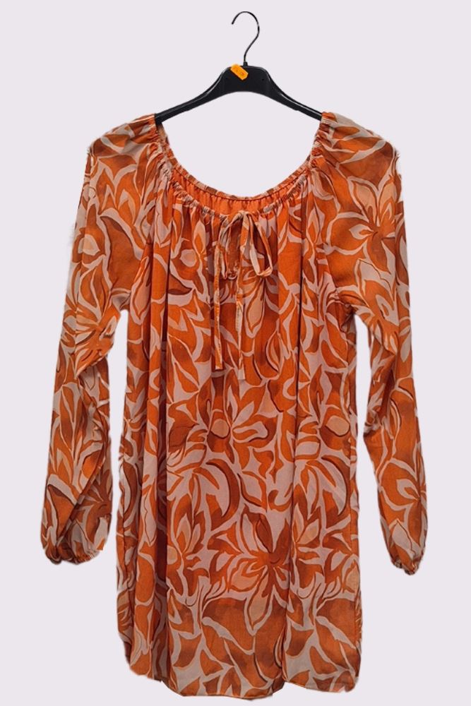 Flower Print Drawstring Neck Tunic Top