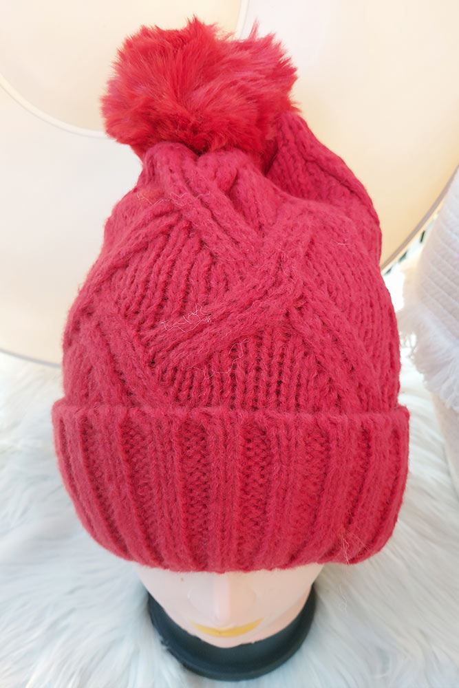 Twist Knit Pattern PomPom Beanie Hat