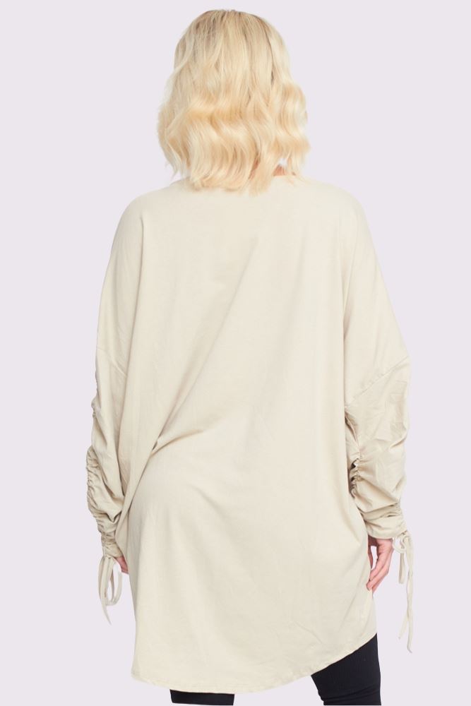 Foil Star Pattern Ruched Sleeve DipHem Oversized Cotton Top