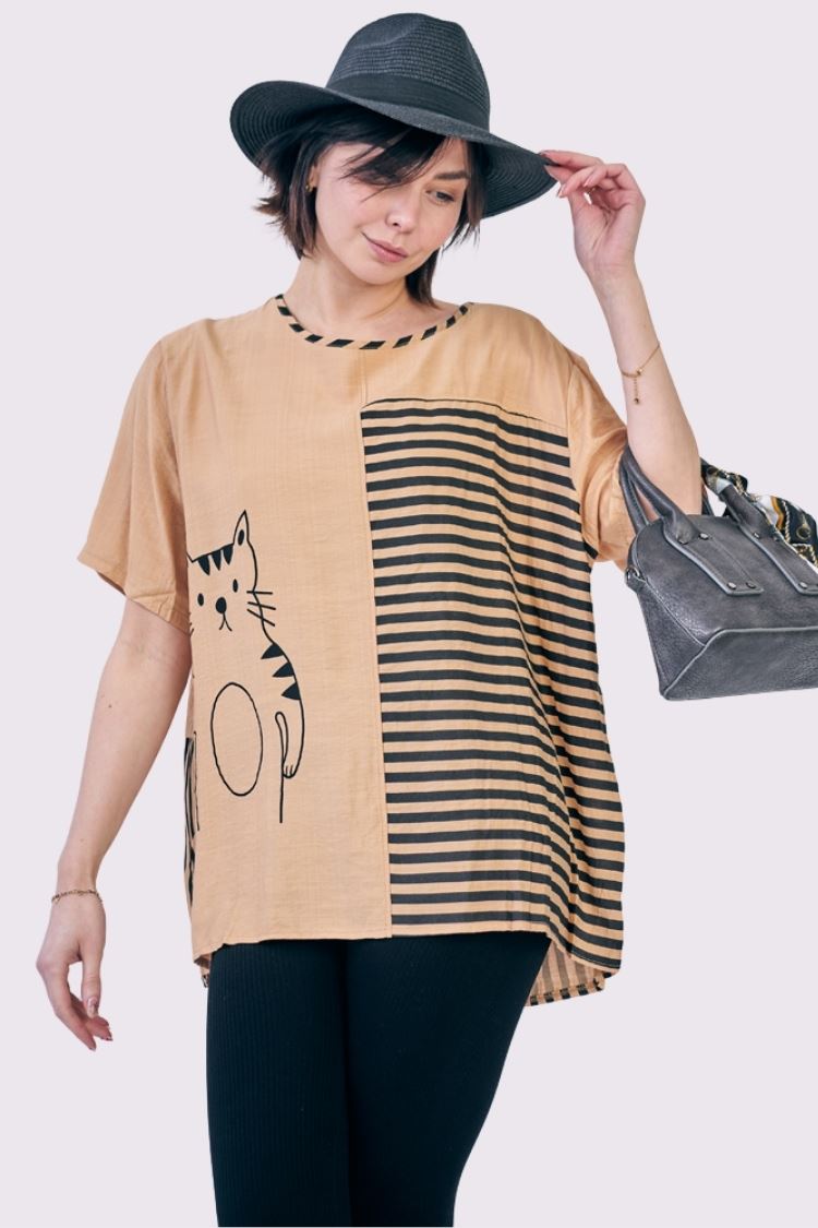 Stripe Colour Block Cat Print Cotton Top