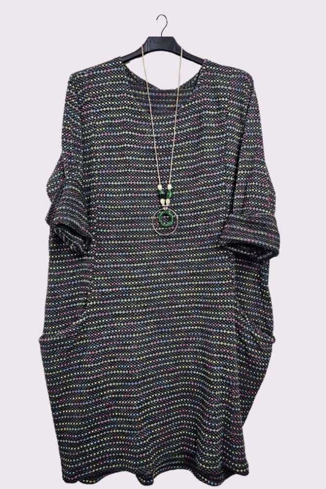 Multicoloured Stripes Front Pockets Necklace Dress