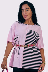 Stripe Colour Block Cat Print Cotton Top