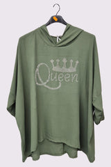 Diamante Queen Print Oversized Diphem Hooded Top