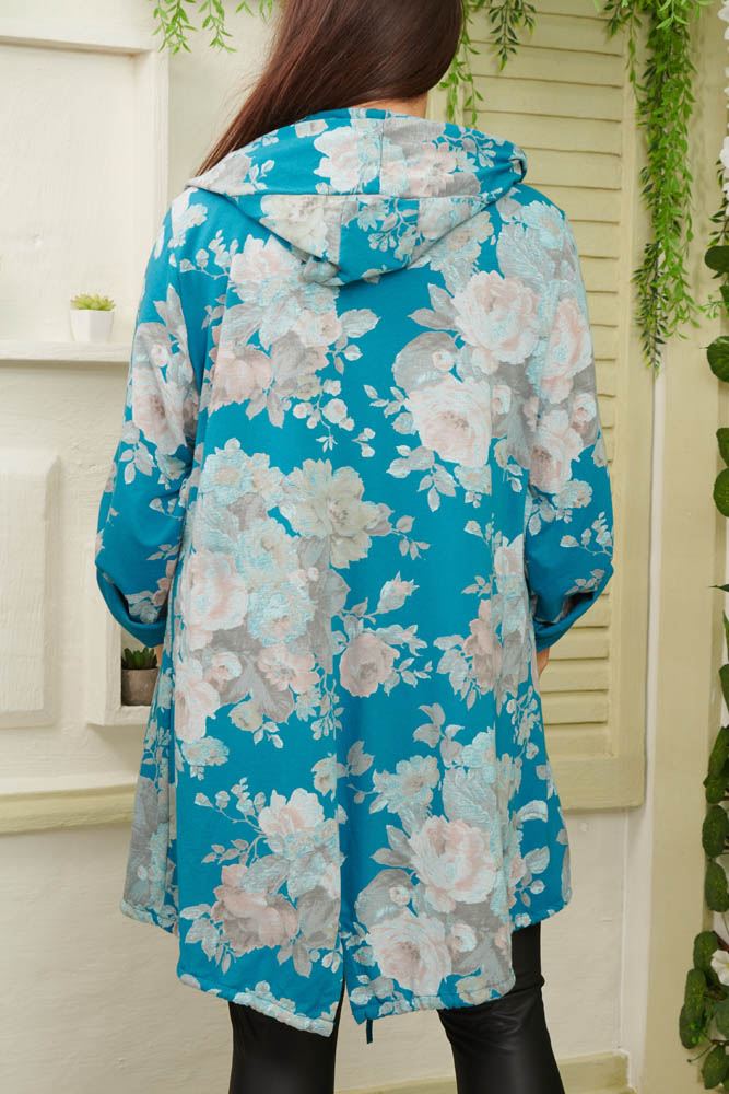 Rose Flower Print Hooded Drawstring Hem Cotton Cardigan